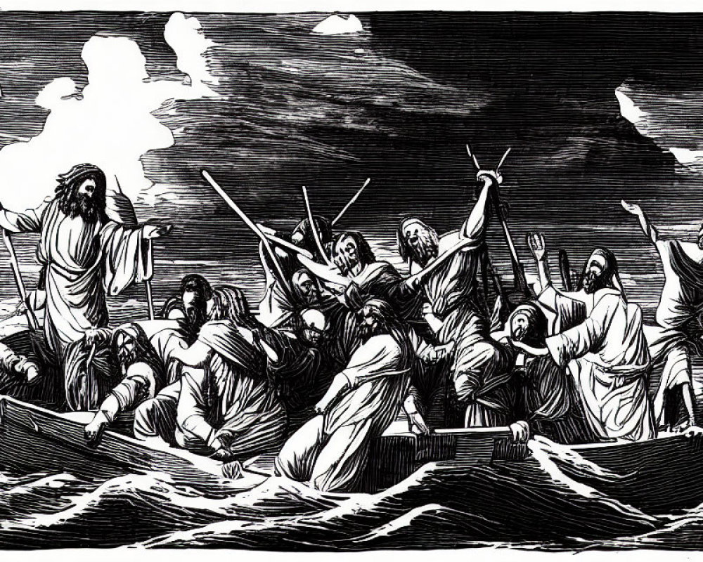 Monochrome biblical illustration: Jesus calms storm, disciples panic