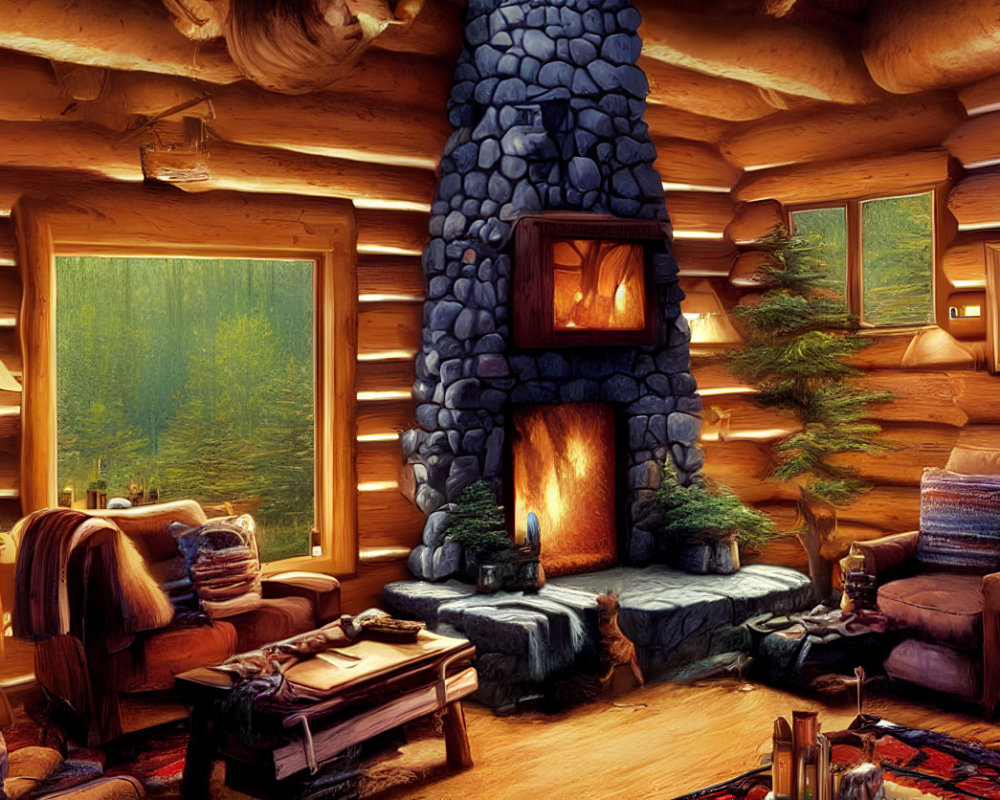 Rustic log cabin interior with fireplace, cozy furnishings, warm lighting, forest view