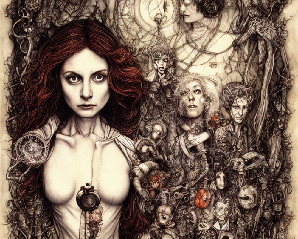 Monochromatic Illustration of Red-Haired Woman with Fantastical Creatures