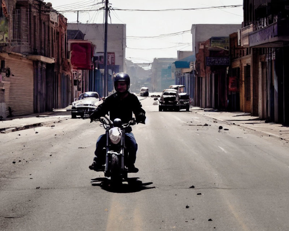 Urban street scene: Motorcyclist riding past buildings and cars on sunny day