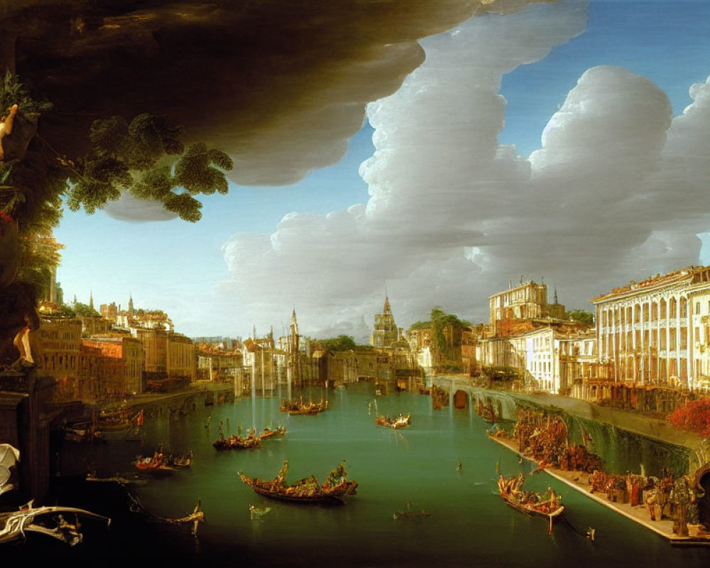 Classical painting of a bustling canal with grand buildings, vibrant vegetation