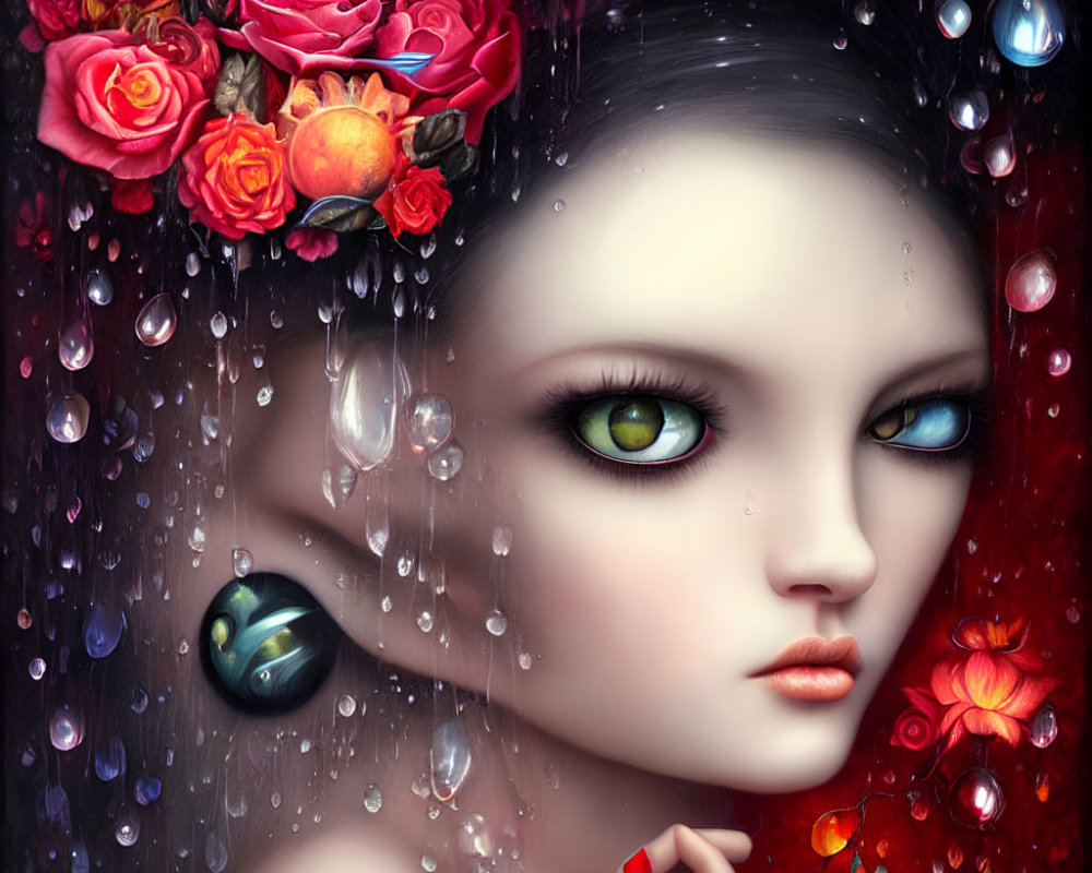 Digital artwork: Woman's face with vibrant flowers, raindrops, surreal atmosphere