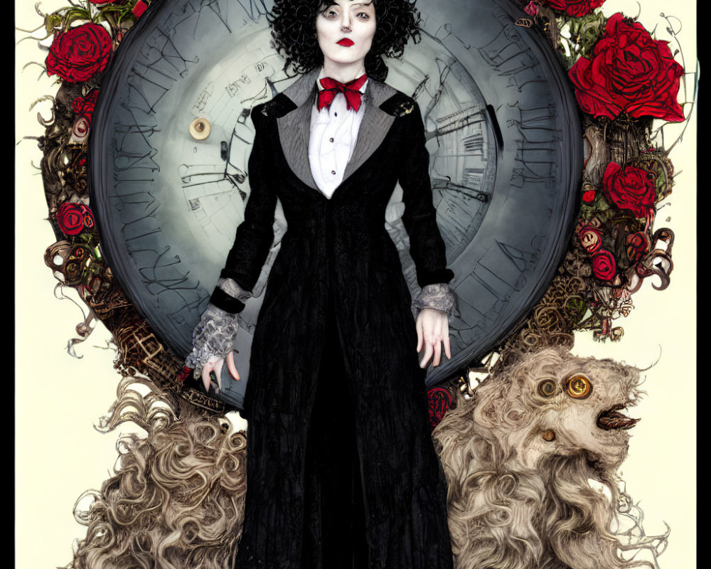 Illustrated character in black suit with curly hair, red roses, white dog, and clock.