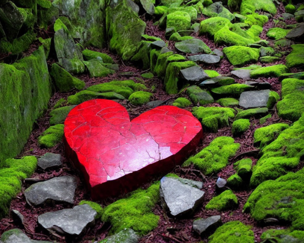 Vibrant red heart-shaped object in green moss and rocks