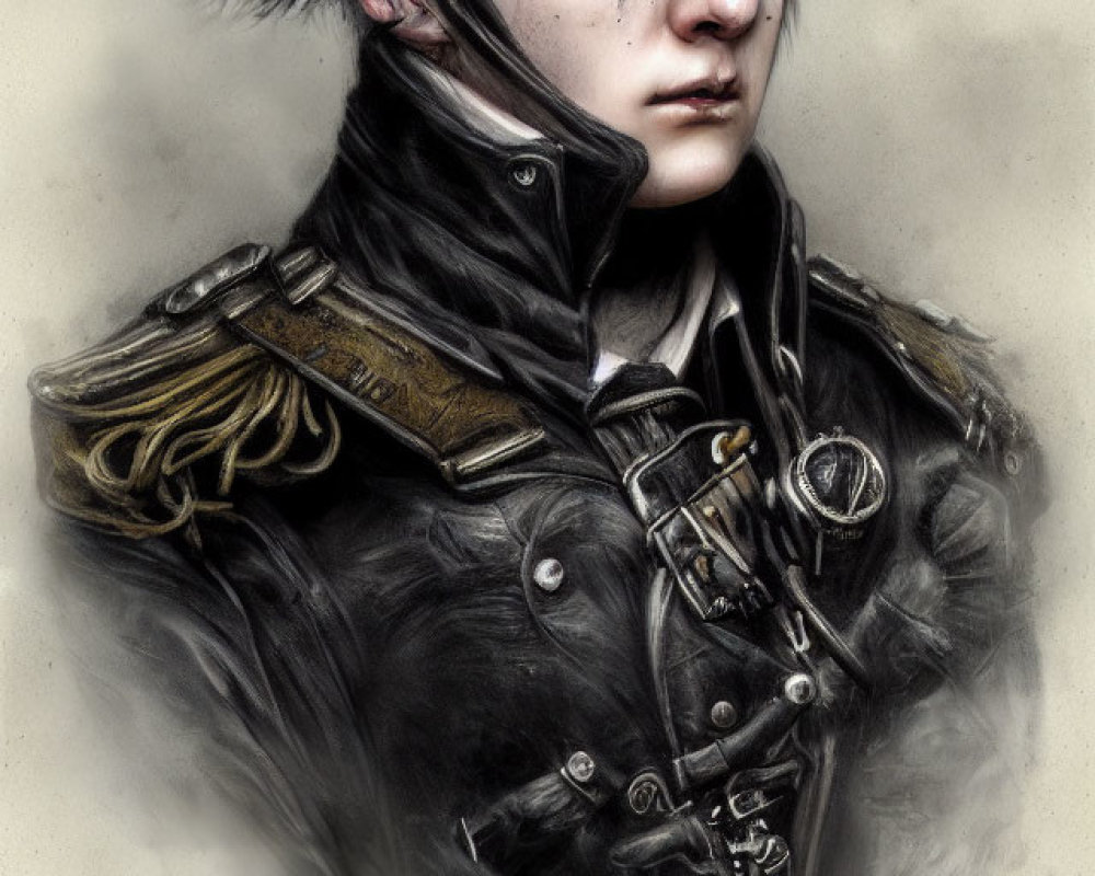 Gothic-style portrait: person with dark eye makeup, black hair, detailed leather jacket