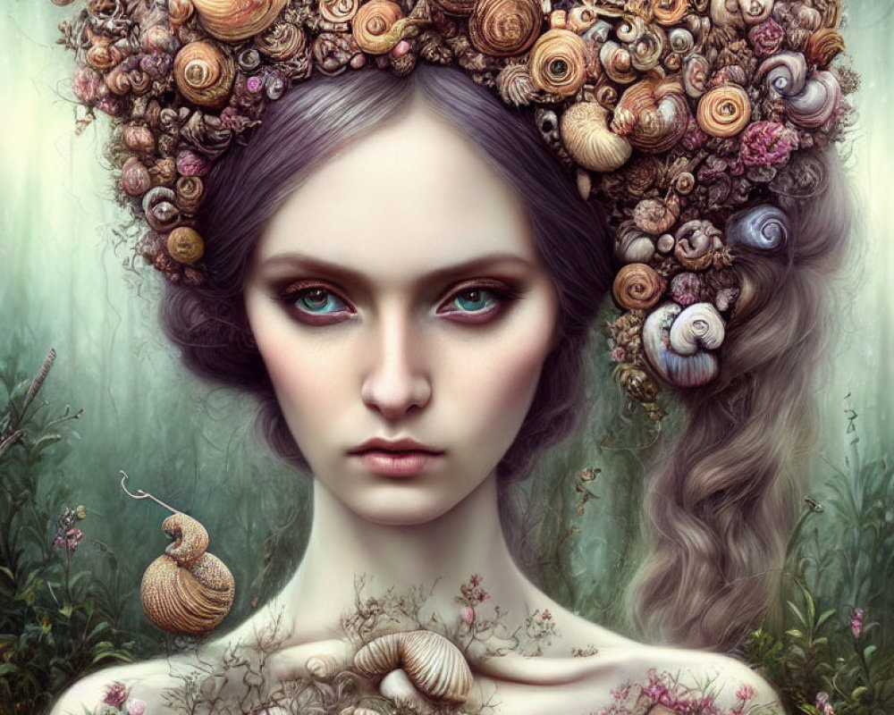 Fantastical portrait of a woman with violet eyes and colorful snails and flora on lush green background