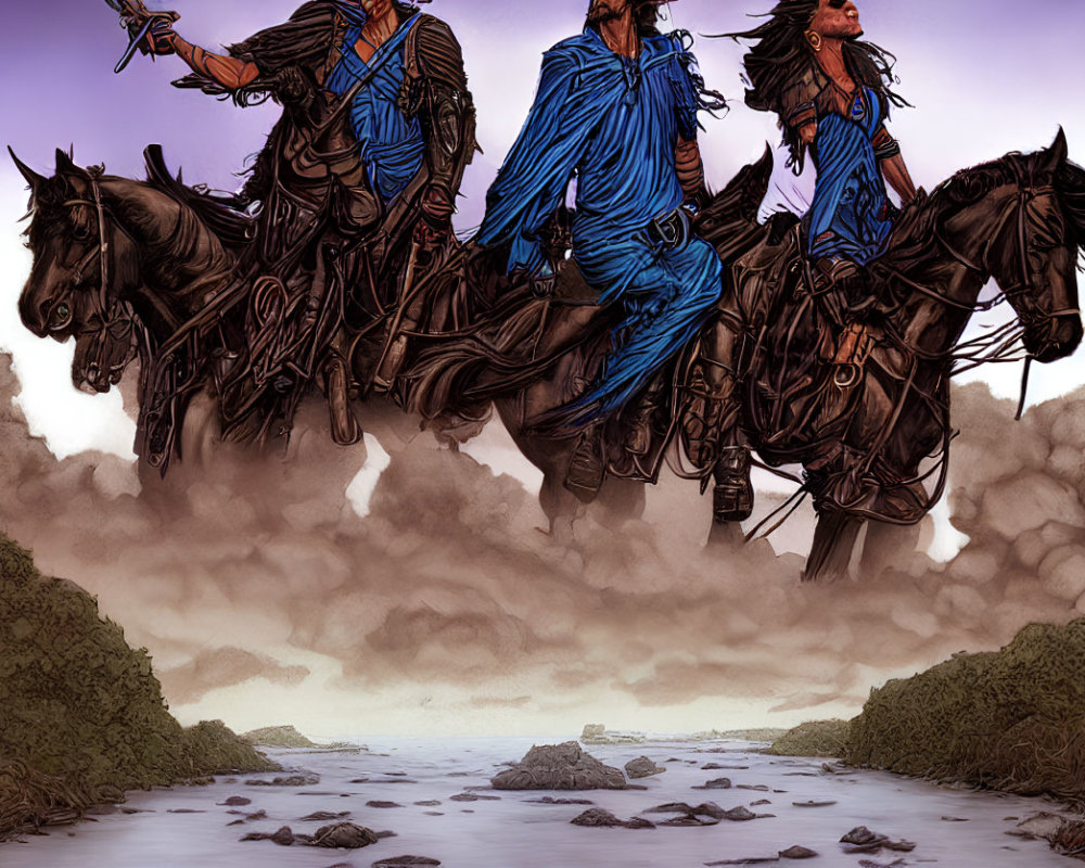 Three animated characters riding horses through a shallow river under a purple sky.