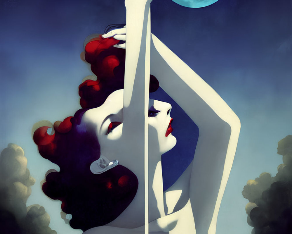 Dual-faced woman illustration: vibrant vs. monochrome, elegant pose, clouds, surreal blue moon