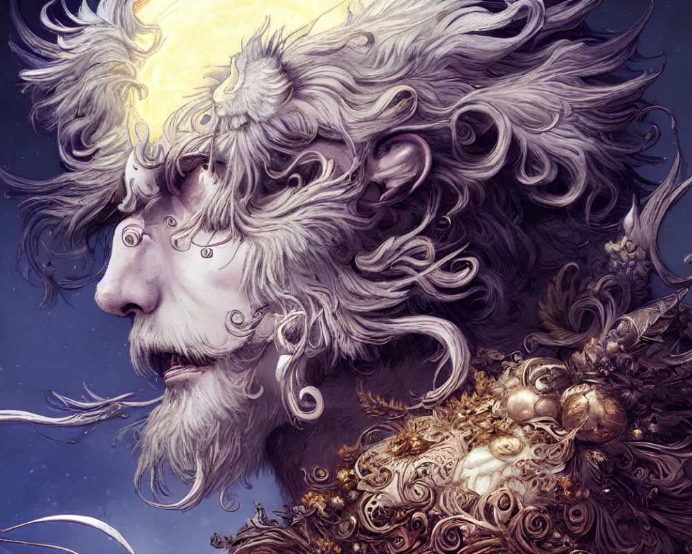 Illustration of fantastical character with lion-like face and golden neckpiece under moonlit sky