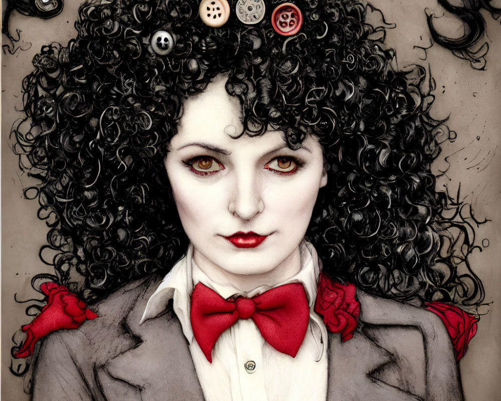 Illustrated portrait of pale woman with curly black hair, intense eyes, bow tie, and gadgets in