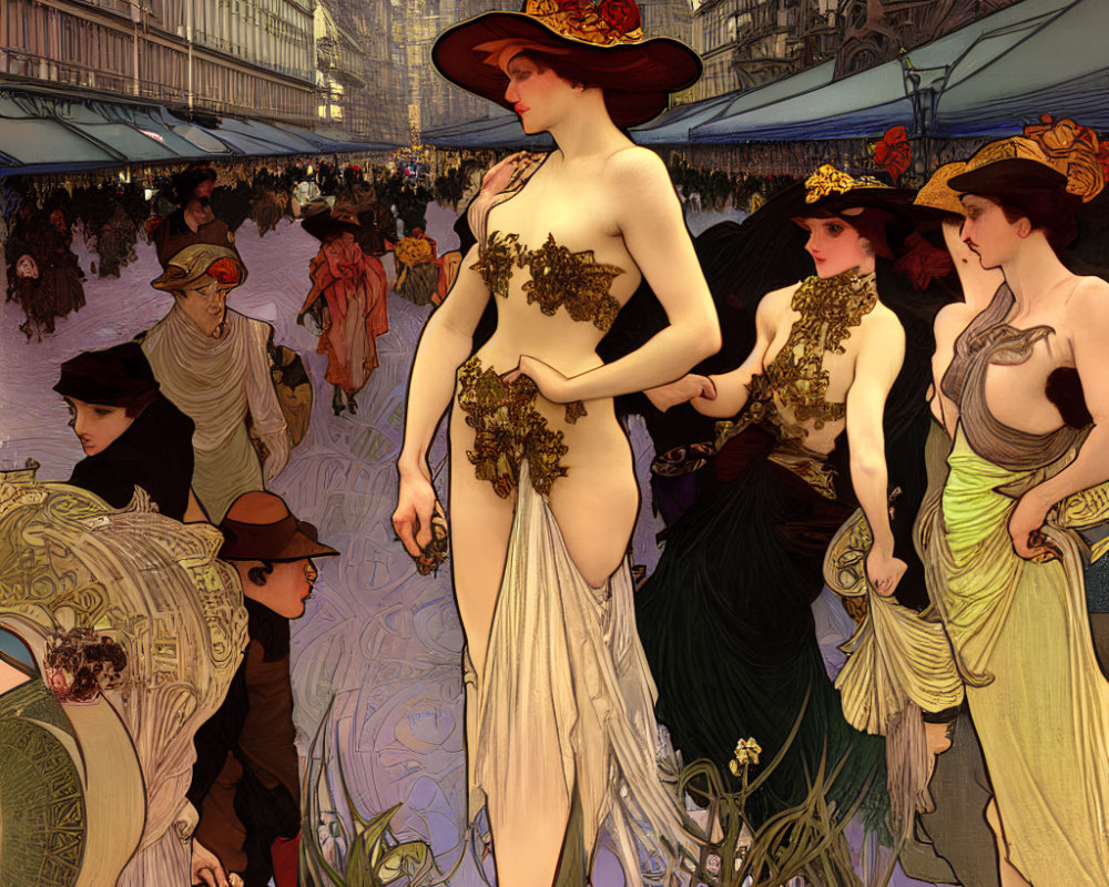 Art Nouveau Style Illustration of Elegant Women in Flowing Dresses on City Street