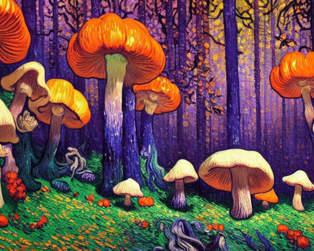 Colorful Fantasy Forest Painting with Oversized Mushrooms