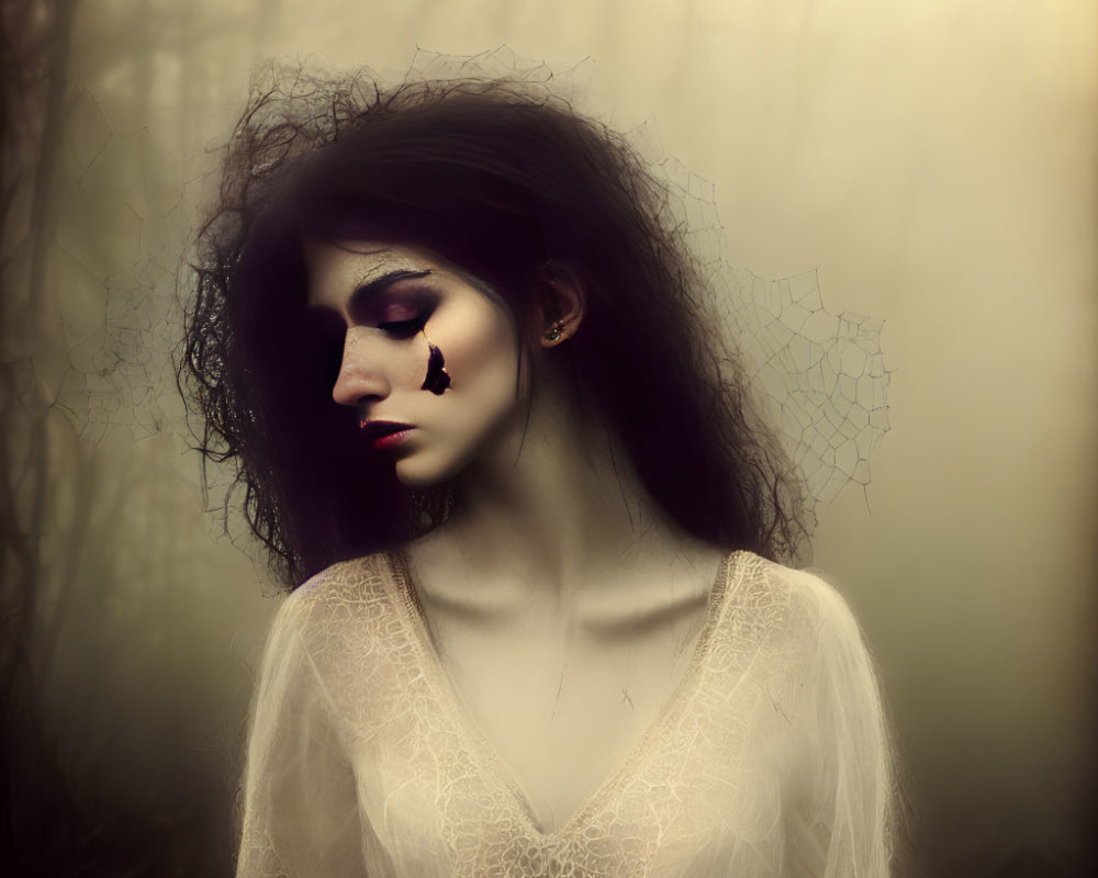 Dark Makeup Woman with Spade Symbol in Misty Setting