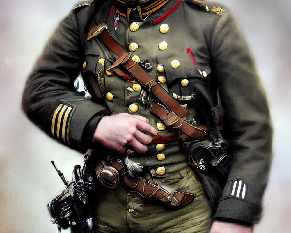 Young boy in ornate military uniform with sword and revolver, looking introspective