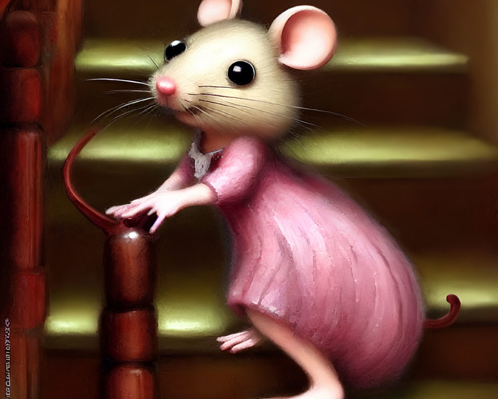 Anthropomorphic mouse in pink dress on stairs with curious expression