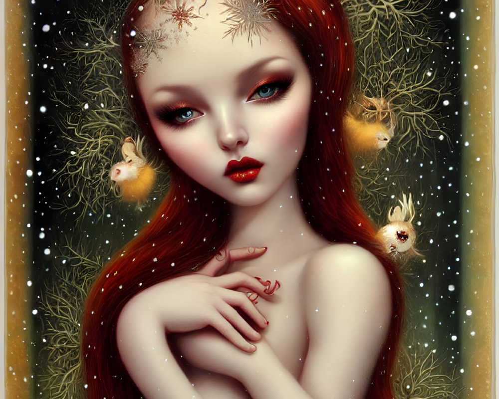 Red-haired fantasy figure with snowflake adornments and golden birds in snowy scene