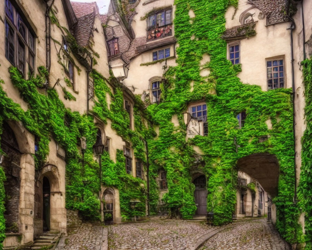 Quaint Cobblestone Alley with Ivy-Covered Traditional Buildings