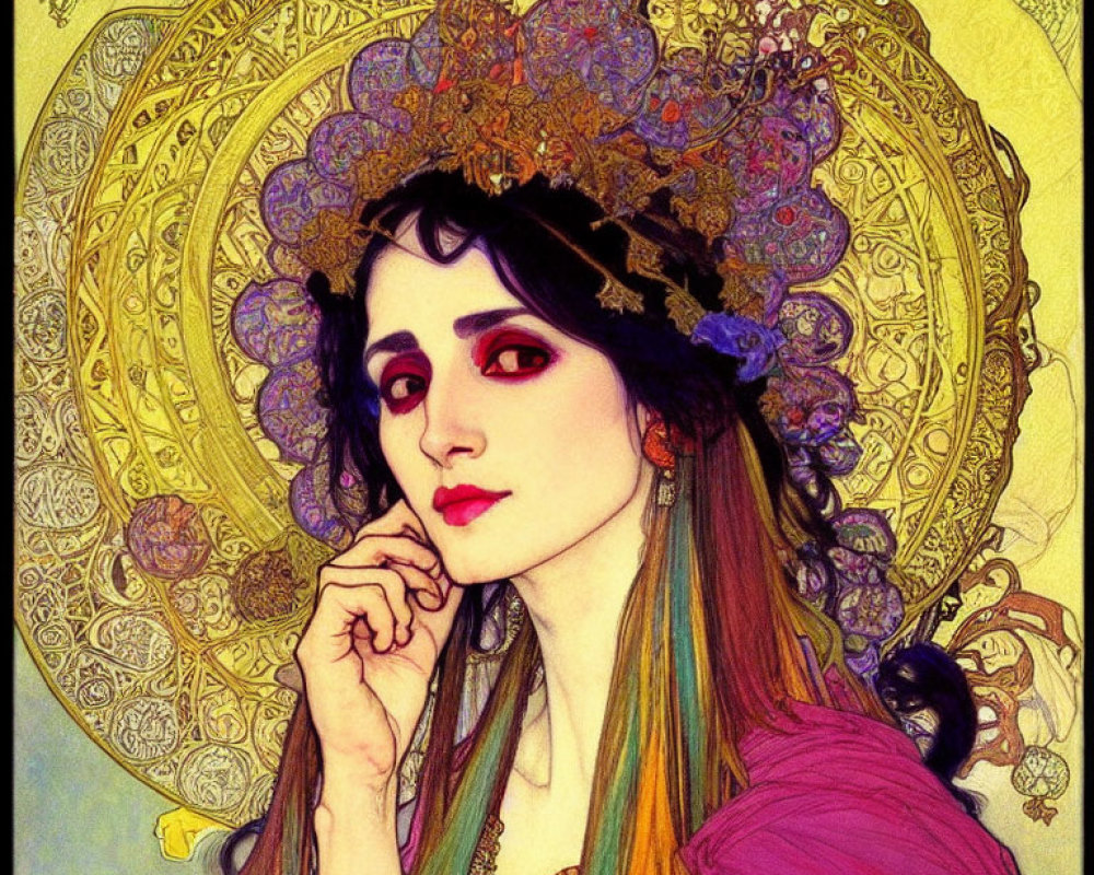 Art Nouveau Woman Illustration with Colorful Attire