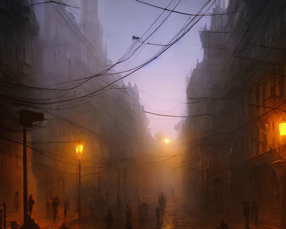 Atmospheric Dusk Street Scene with Lit Lamps and Eerie Glow