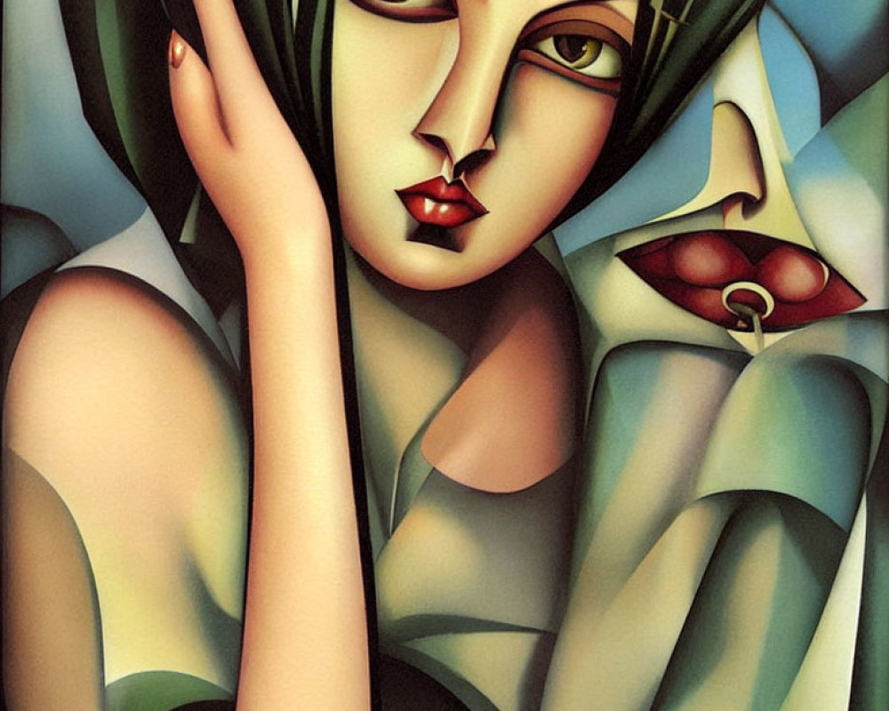 Abstract Cubist-Inspired Painting of Woman: Smooth Curves, Angular Lines, Soft Colors