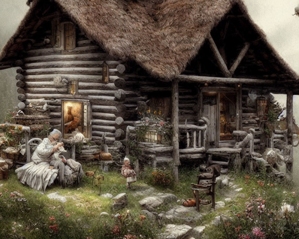 Woman in period attire spinning wool by rustic log cabin surrounded by lush flora and animals