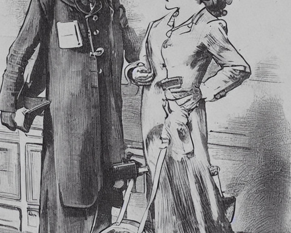 Vintage Illustration: Man in Long Coat Talking to Woman in Dress and Hat indoors