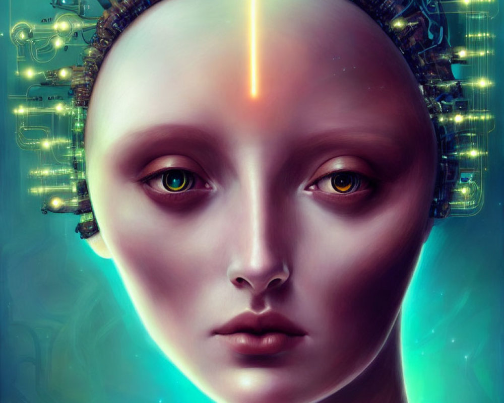 Female face with cybernetic headpiece and ethereal lights in blue-green palette