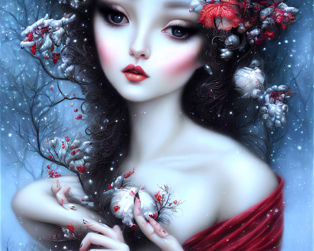 Illustrated portrait of pale-skinned woman with expressive eyes, surrounded by winter motifs and red flowers.