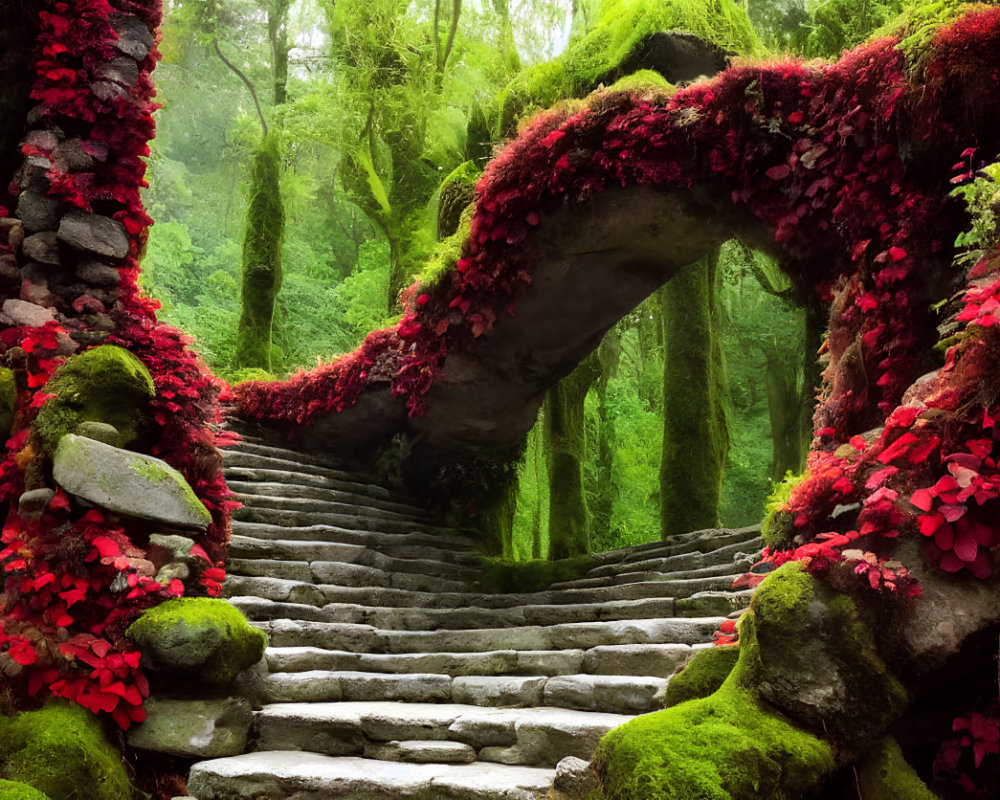 Moss-Covered Stone Arch with Red Foliage in Misty Forest