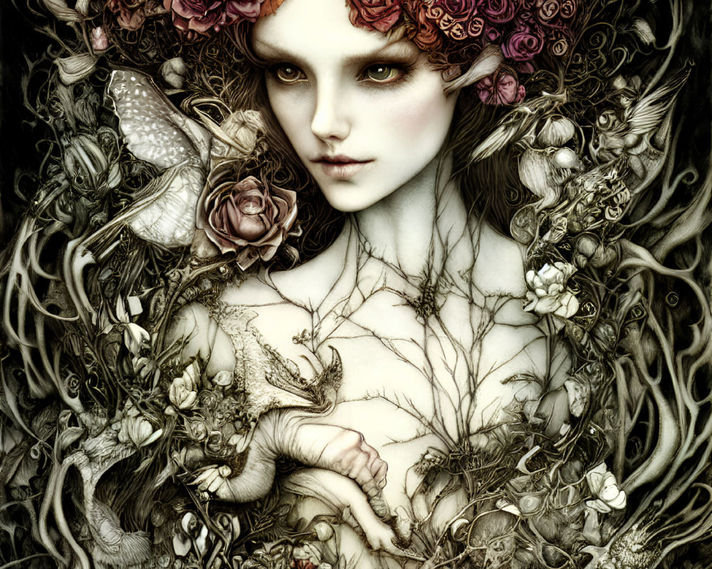 Detailed Fairytale Female Figure Surrounded by Roses and Thorns