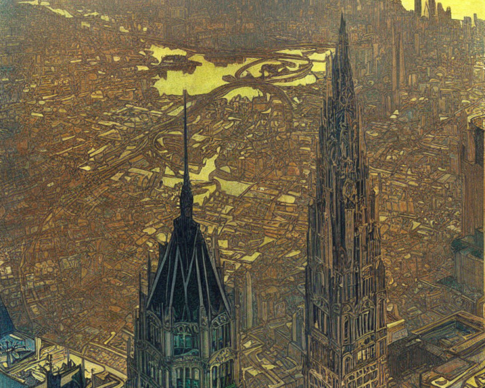 Densely packed cityscape with gothic-style skyscrapers in sepia tones