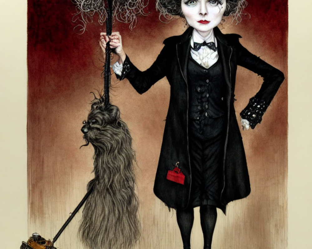 Quirky woman with wild gray hair, mop, leash, bushy dog, toy bulldo