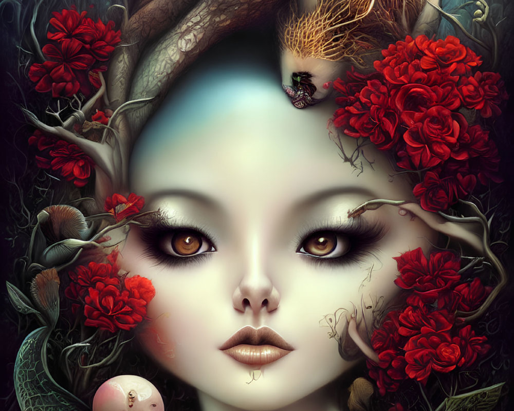 Surreal female figure with large eyes among red flowers, branches, and skull