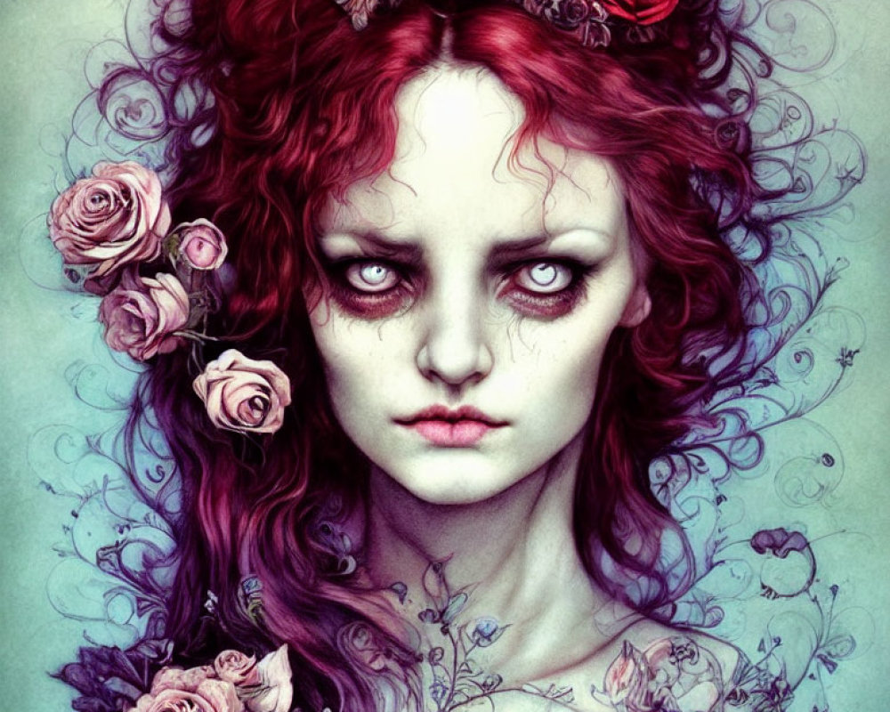 Gothic fantasy illustration of pale woman with red hair and rose crown