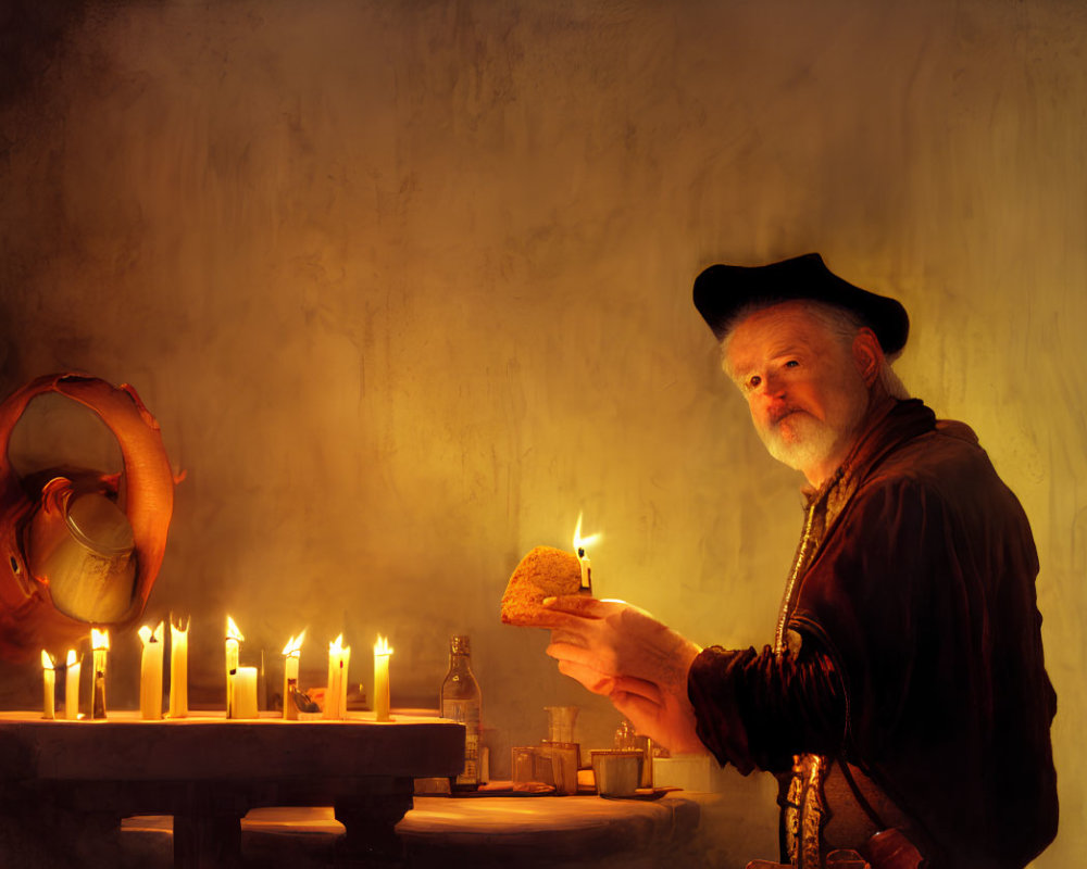 Elderly man in historical attire with candle, bread, and jug