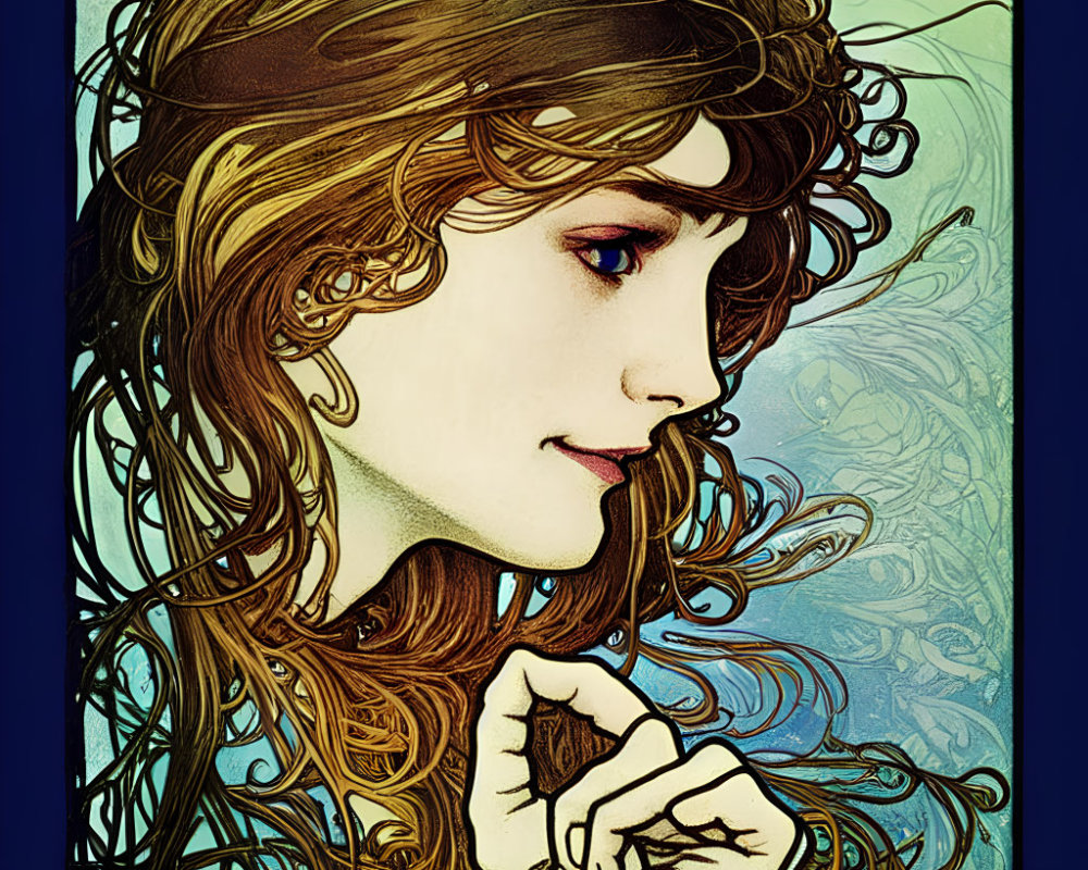 Stylized portrait of woman with flowing hair on blue background