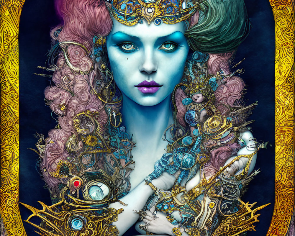 Detailed Fantasy Artwork: Woman with Blue Skin, Ornate Headpiece, Colorful Hair