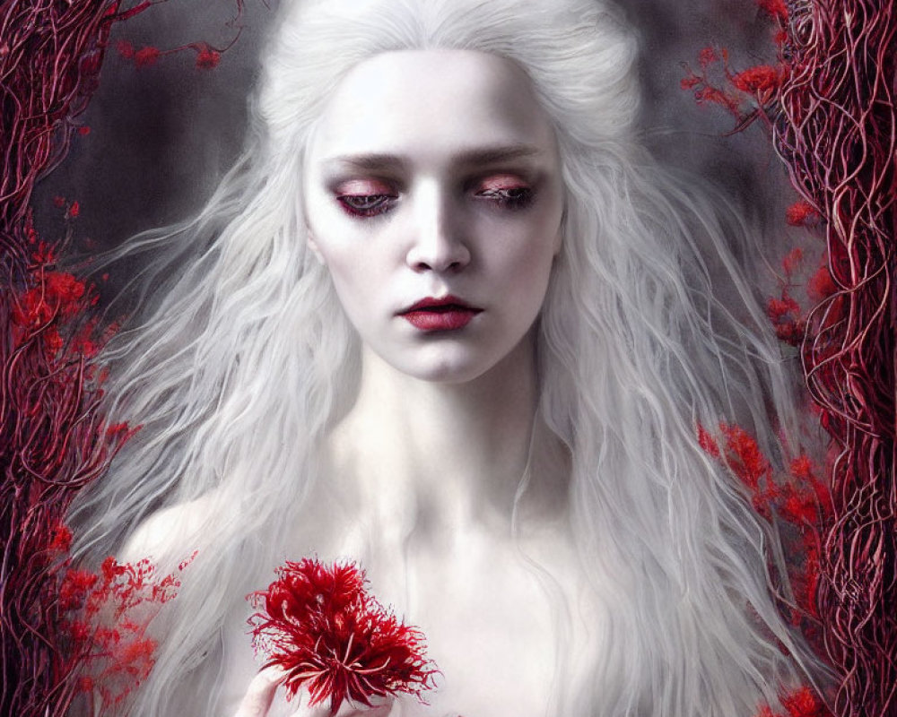 Pale woman with white hair and red eyes holding a red flower in misty red tendrils on dark