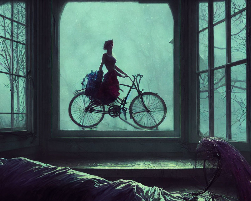 Person on Bicycle Floating Outside Large Window in Dimly Lit Room