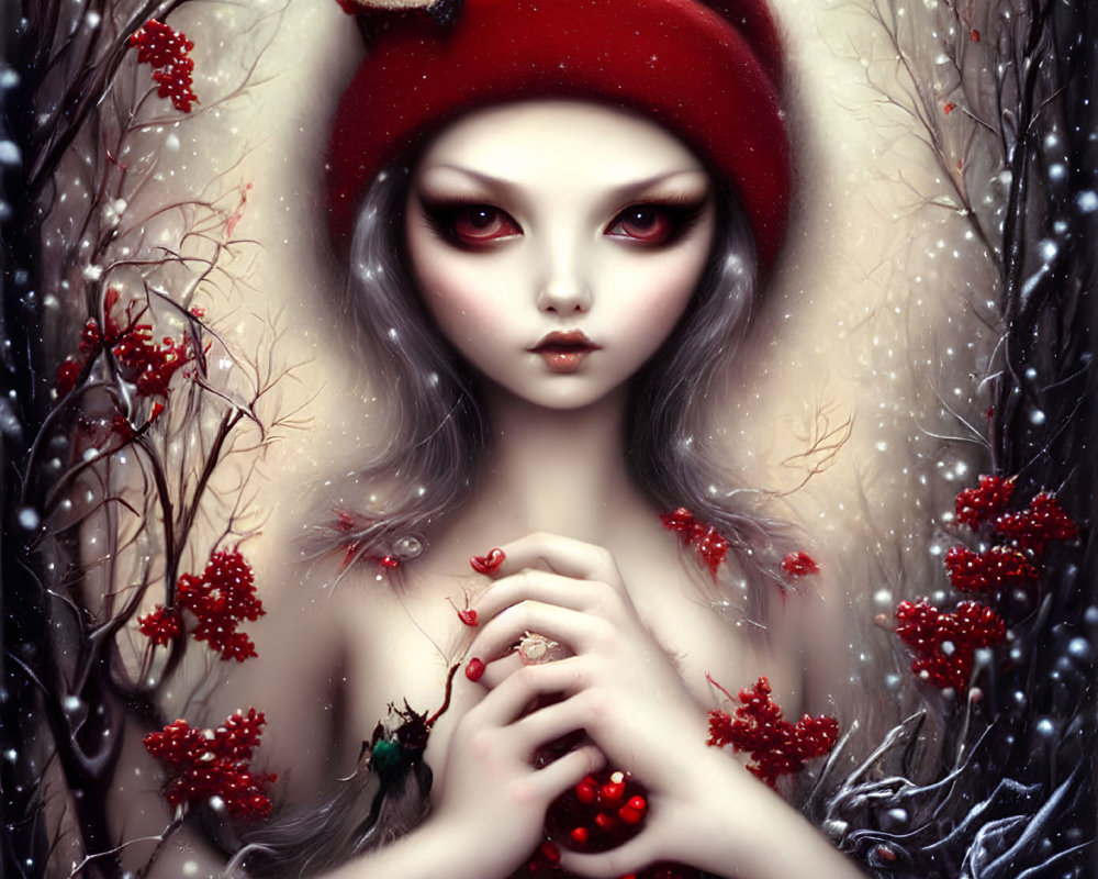 Fantasy character with pale skin and red hat in winter setting