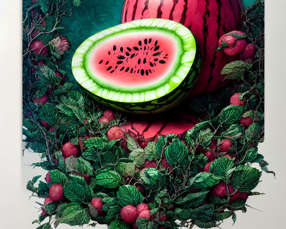 Sliced watermelon with green interior, foliage, and berries artwork