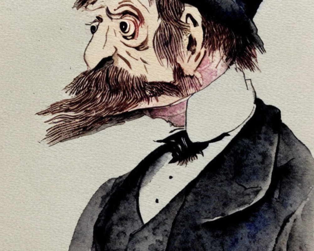 Victorian gentleman with top hat and pointed beard in watercolor portrait