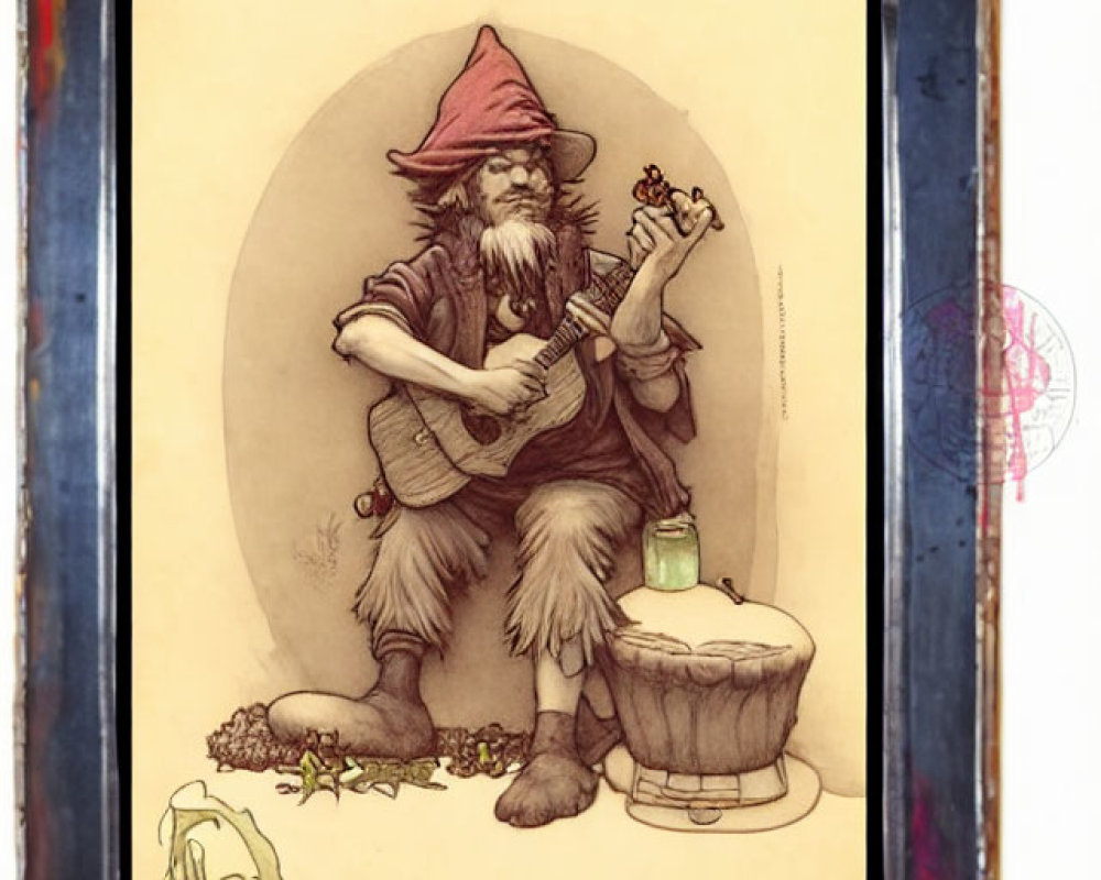 Bearded gnome playing mandolin next to barrel with candle - aged border frame