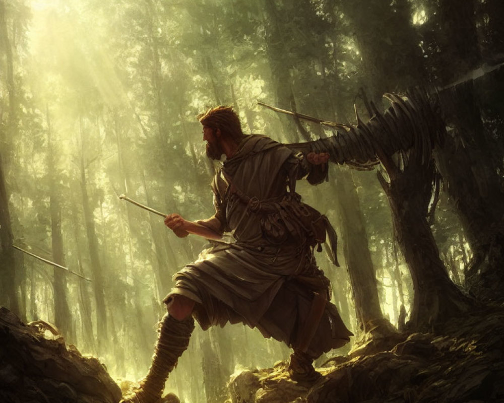 Medieval hunter with bow and knife in sunlit forest