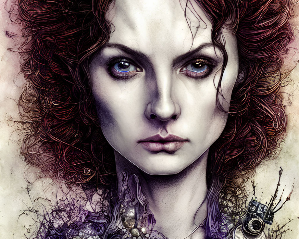 Detailed artwork of woman with purple eyes and red curly hair with floral and mechanical neck designs