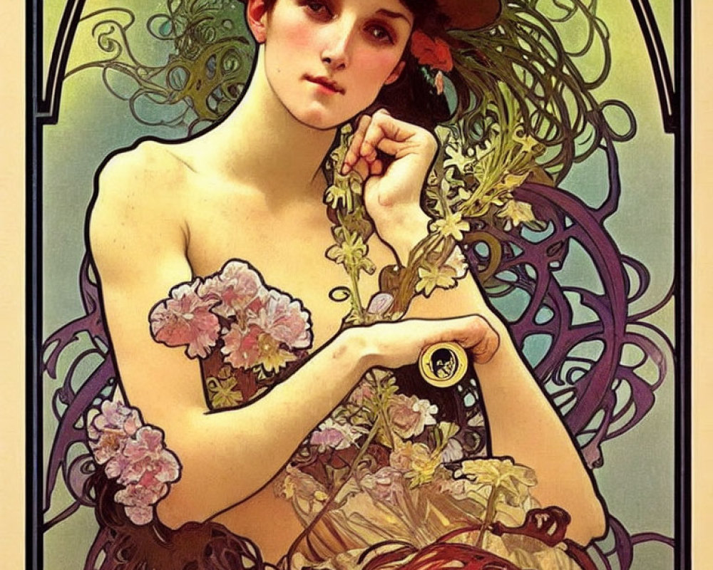 Art Nouveau Woman with Floral Headpiece and Swirling Decorative Elements