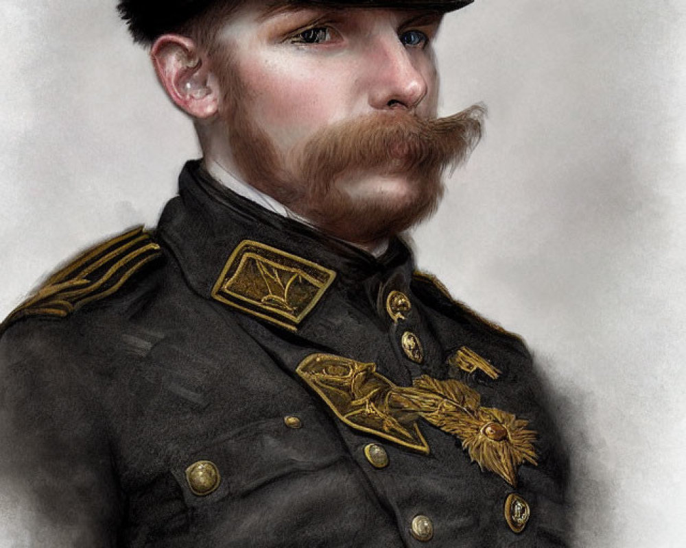 Vintage military uniform portrait with ornate decorations and prominent mustache.