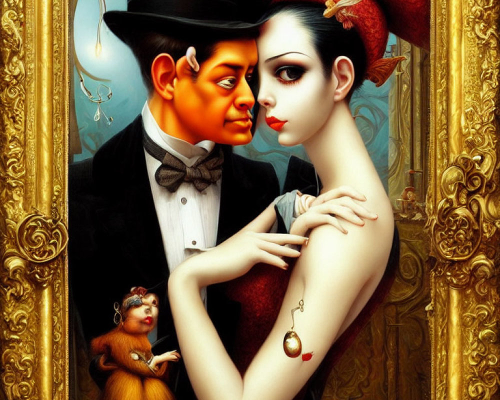 Exaggerated surreal portrait of couple with monkey and pearl