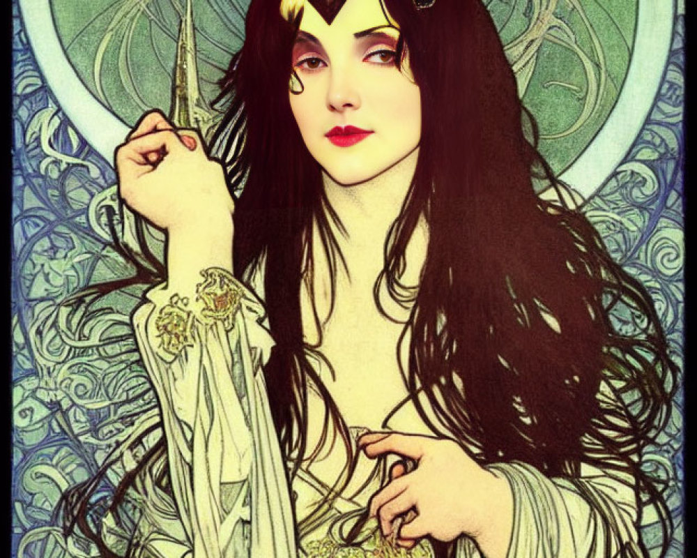 Woman in ornate cloak wields slender blade in mystical Art Nouveau setting