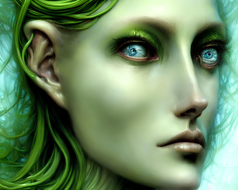 Close-up digital portrait of person with green skin, blue eyes, and green hair.